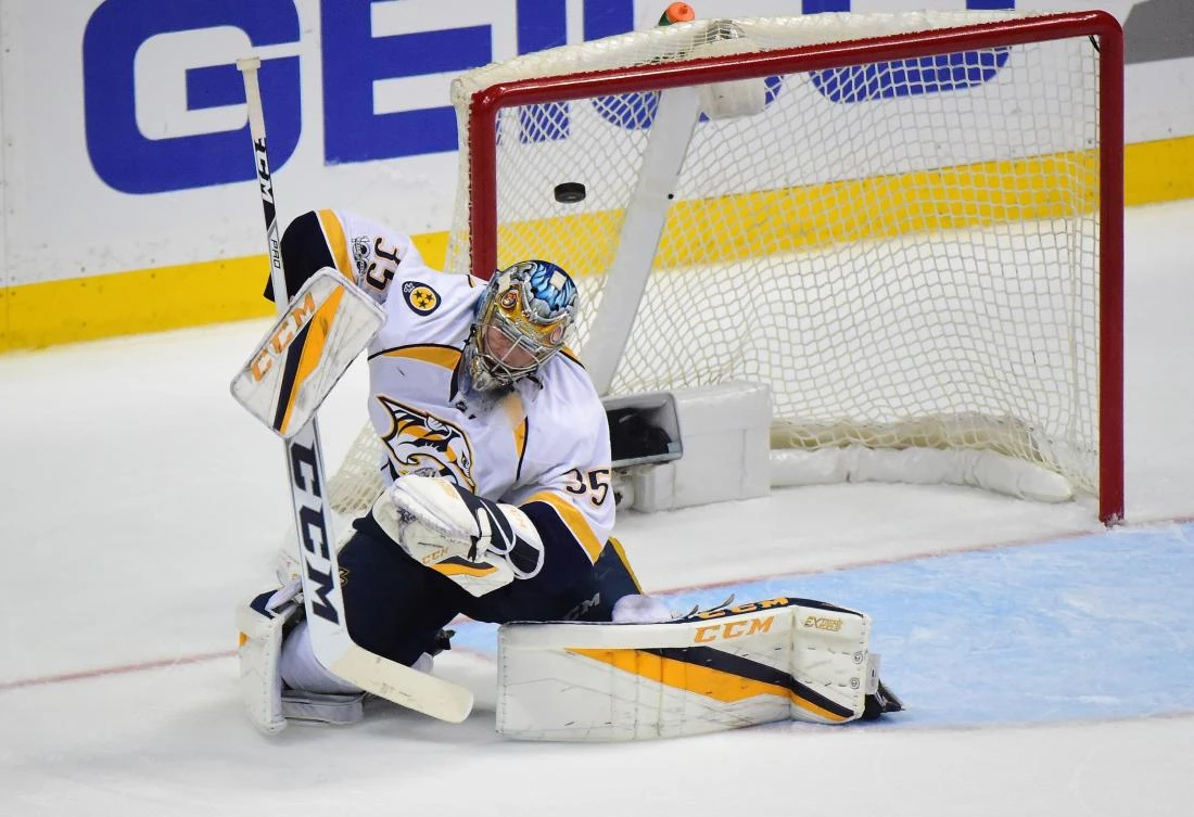 Goaltender Pekka Rinne of the Nashville Predators takes a shot off his mask which goes into the net on a wristshot by Nick Ritchie (37) of the Anaheim Ducks (not in photo) in the second period of Game 2 of the Western Conference Final during the 2017 Stanley Cup Playoffs at Honda Center on Sunday in Anaheim, California. (AFP)