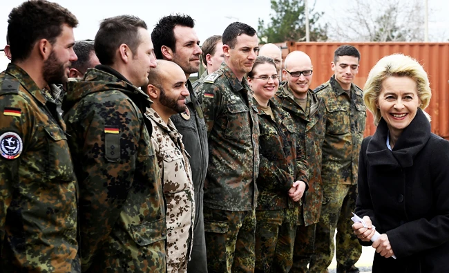 German Defense Minister Ursula von der Leyen chats with soldiers during a visit at the air base in Incirlik, Turkey, on Jan. 21, 2016. (Reuters)