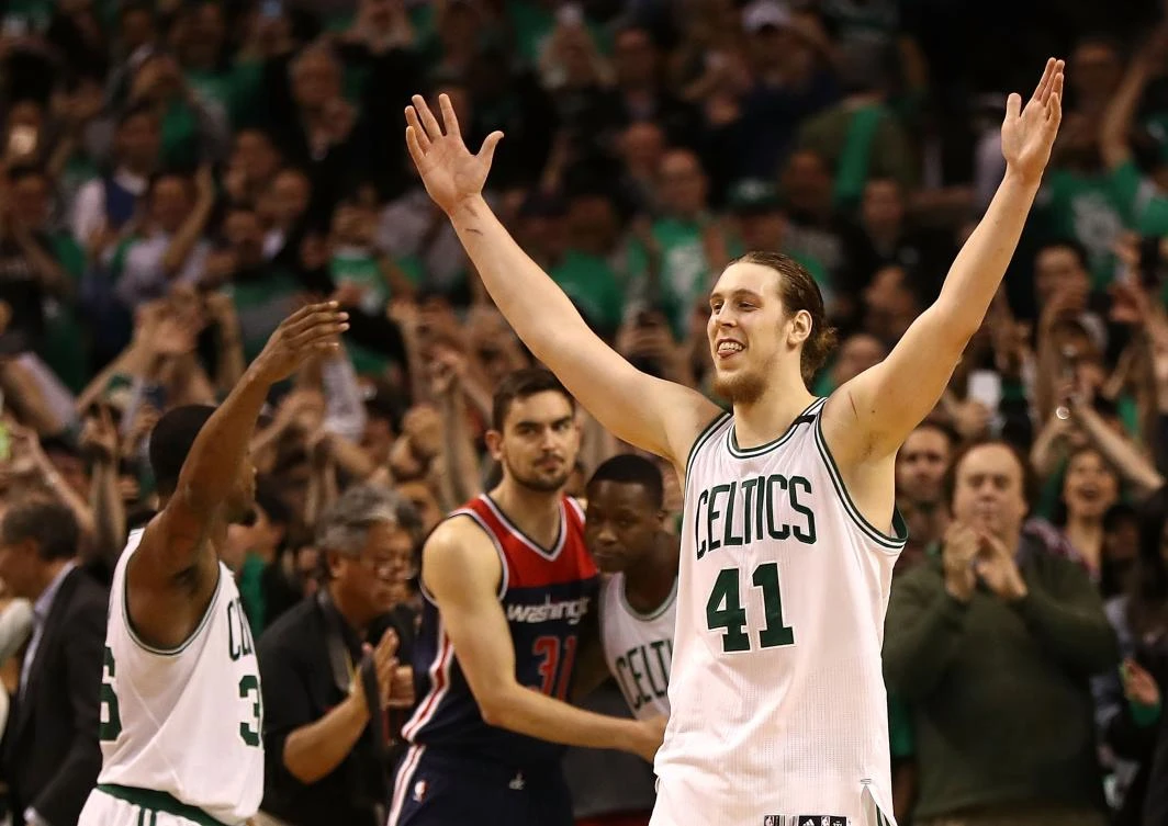 Kelly Olynyk (41) of the Boston Celtics reacts after their 115-105 win over the Washington Wizards in Game 7 of the NBA Eastern Conference semifinals at TD Garden on Monday in Boston, Massachusetts. (AFP)