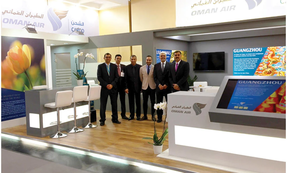 Mohammed Al-Musafir, SVP — commercial cargo, along with a number of commercial cargo managers welcomed visitors to the Oman Air Cargo stand at the trade fair.
