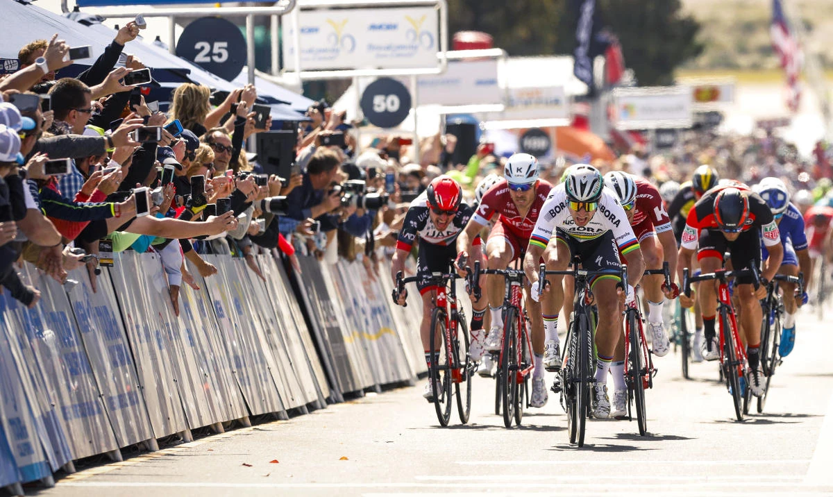 The crowd cheers on Peter Sagan, in white, as heads to the finish line to win Stage 3 of the Tour of California cycling race in Morro Bay, Calif., Tuesday. (AP)