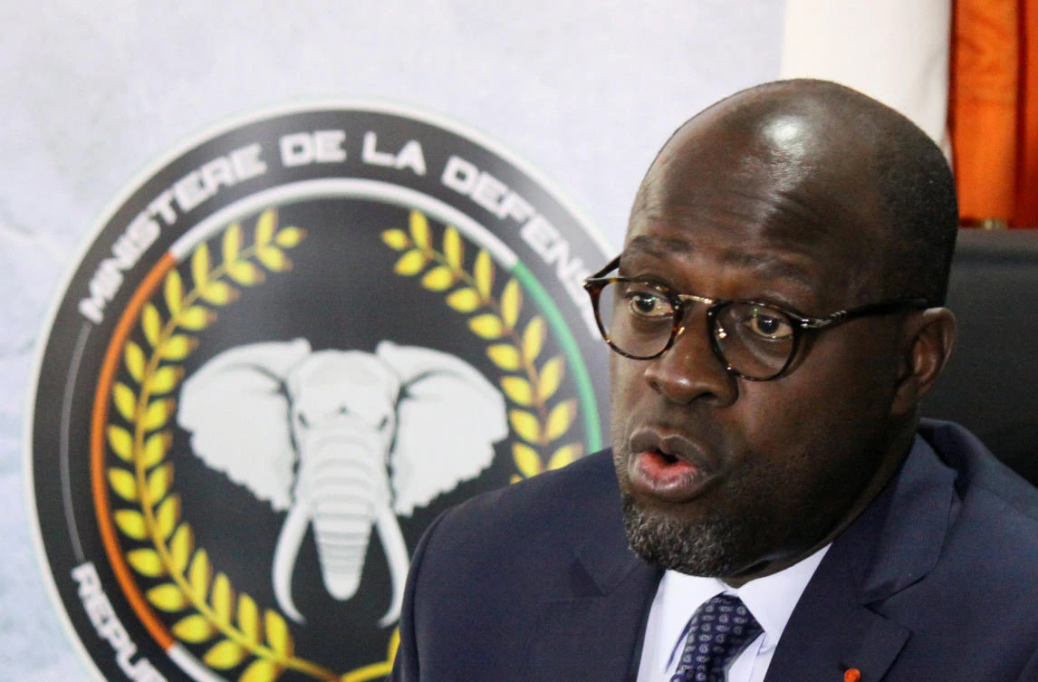 Ivory Coast’s Minister of Defense Alain-Richard Donwahi speaks during a news conference in Abidjan on Tuesday. (Reuters)