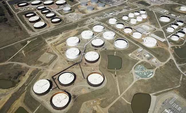 Crude oil storage tanks are seen from above at the Cushing oil hub, in Cushing, Oklahoma, U.S., in this March 24, 2016 file photo. (REUTERS)