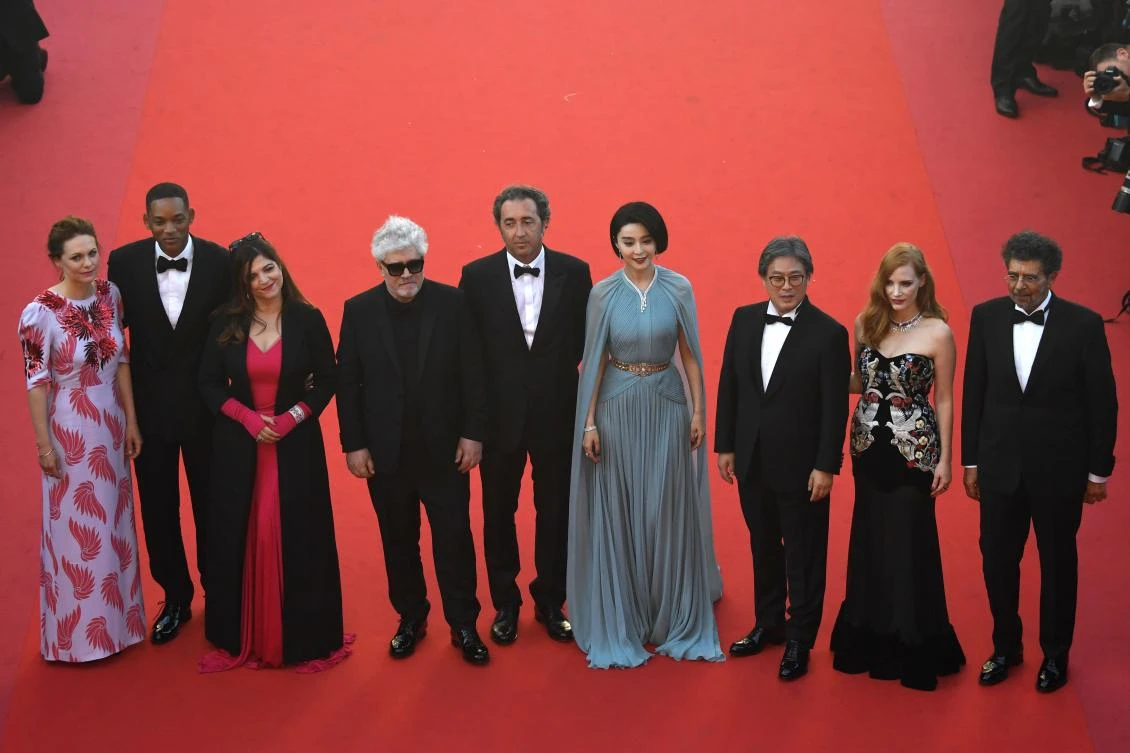 The judging panel pose stage on May 17, 2017 during the opening ceremony of the 70th edition of the Cannes Film Festival in Cannes, southern France. (AFP)