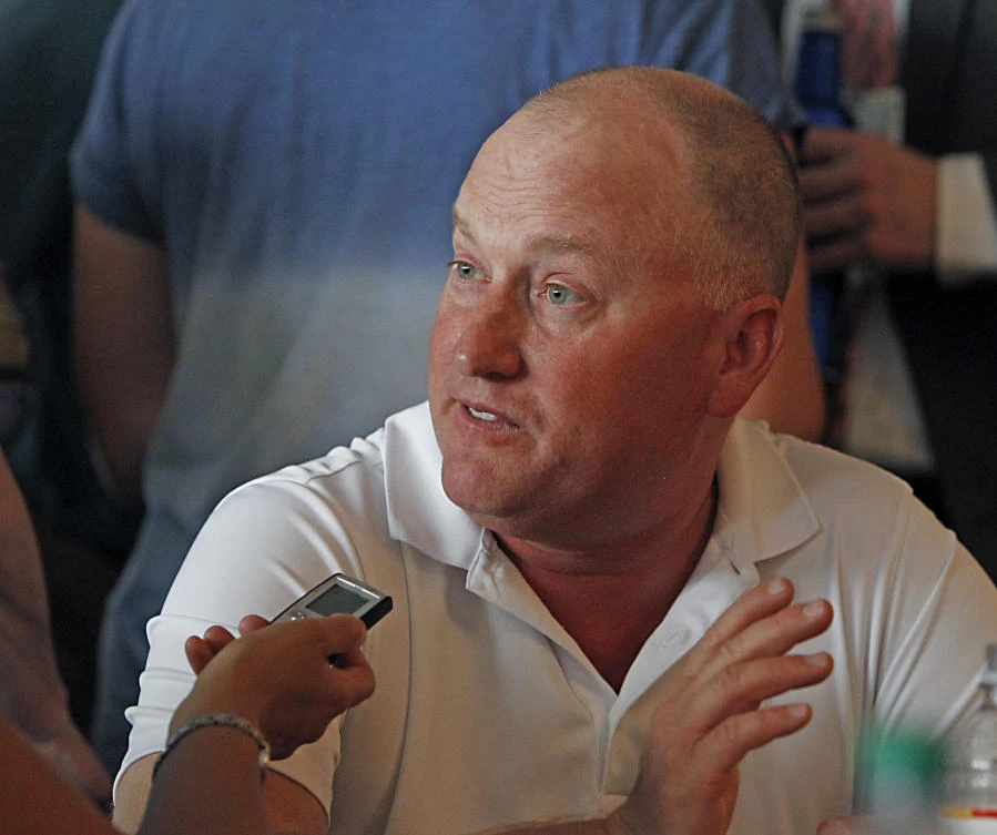 Scott Blasi, assistant trainer for Steve Asmussen, talks about the two Preakness Stakes entrants, Lookin At Lee and Hence, following the post position draw at Pimlico Race Course in Baltimore on Wednesday. (AP)