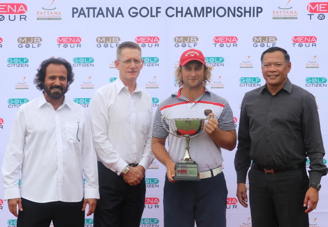Fredrik From with Pasan Teparak, left, patron of the MENA Tour, Thomas Topken, managing director of Pattana Golf Club, and Mohamed Juma Buamaim, left, chairman of the MENA Tour. (AN photo)
