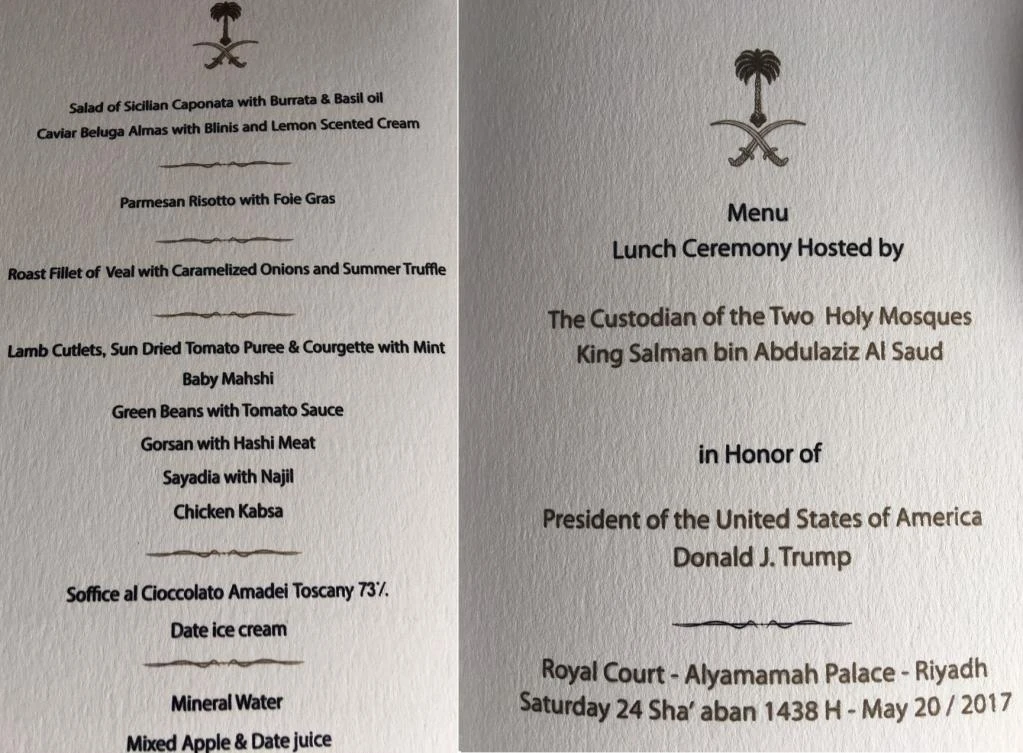 US President Donald Trump Saturday dined at Al-Yamamah Palace in Riyadh.