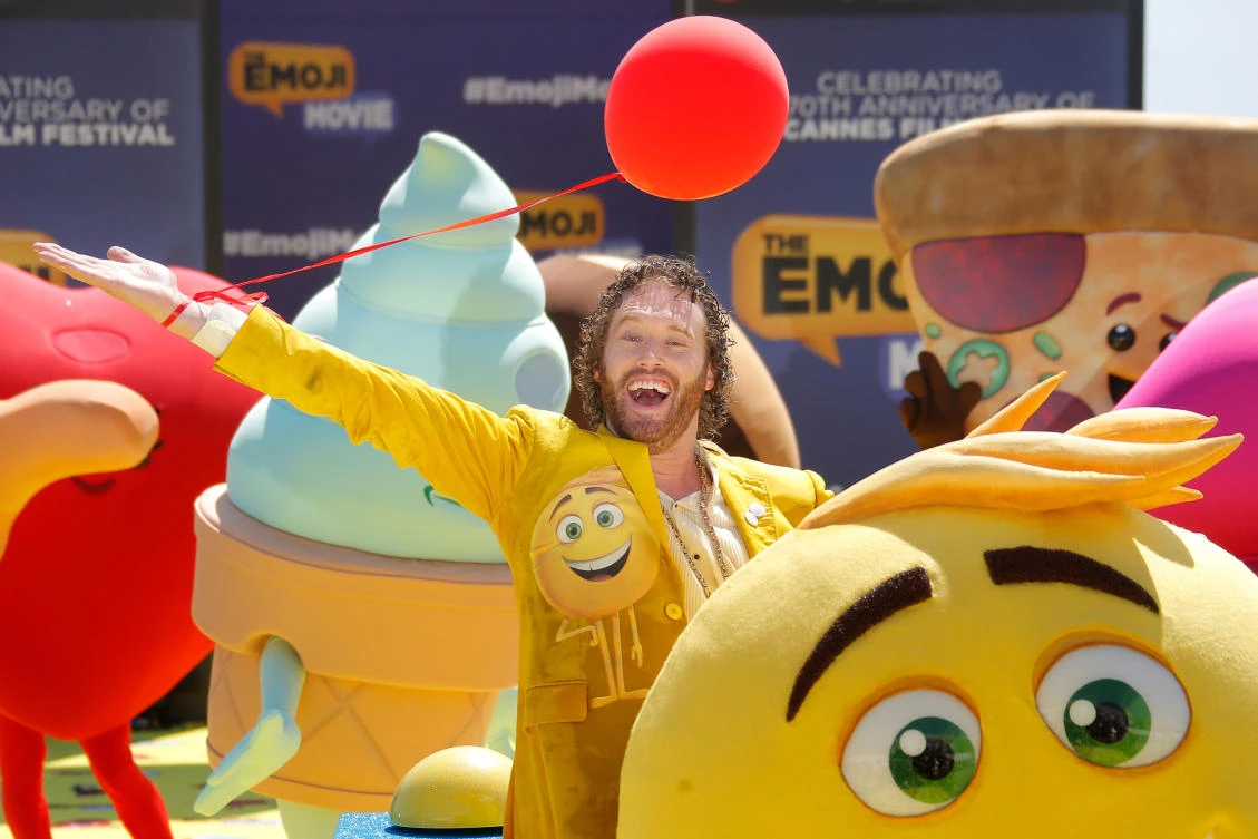 Actor T. J. Miller poses during a photocall for the film “The Emoji Movie.” (Reuters)