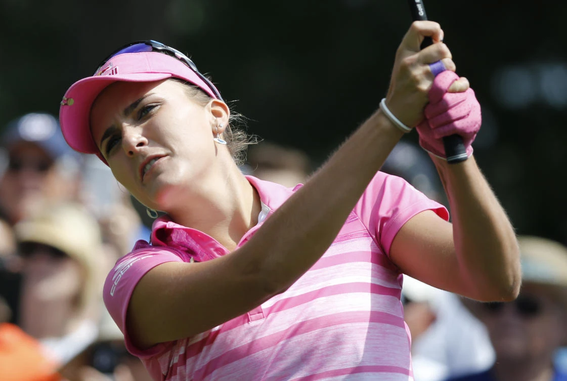 Lexi Thompson watches her tee shot on the second hole during the third round of the Kingsmill Championship LPGA golf tournament in Williamsburg, Va., Saturday. (AP)