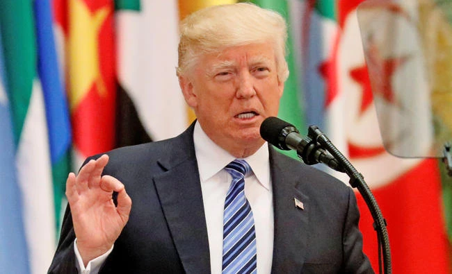 US President Donald Trump delivers a speech during the Arab-Islamic-American Summit in Riyadh on Sunday. (REUTERS/Jonathan Ernst)