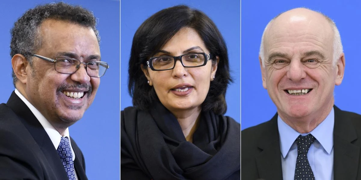 Shown in this combination photo are candidates to the post of director-general of the World Health Organization. They are, from left, Ethiopian Minister of Foreign Affairs Tedros Adhanom, Pakistani cardiologist Dr. Sania Nishtar and British Dr. David Nabarro. (AFP / FABRICE COFFRINI)