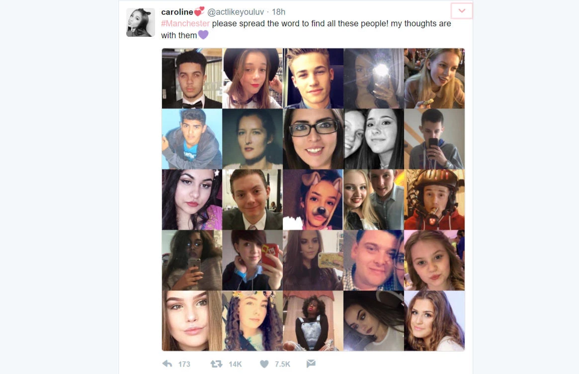 One Twitter post contained a montage of photos of people, implying they were all missing — but many were not even at the concert in Manchester.