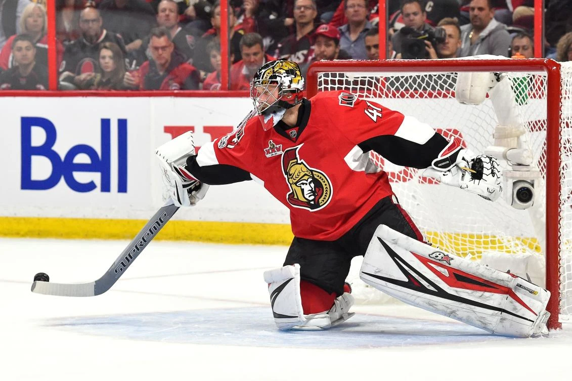Craig Anderson of the Ottawa Senators makes a save against the Pittsburgh Penguins during the second period in Game Six of the Eastern Conference Final during the 2017 NHL Stanley Cup Playoffs at Canadian Tire Centre on Tuesday in Ottawa, Canada. (AFP)