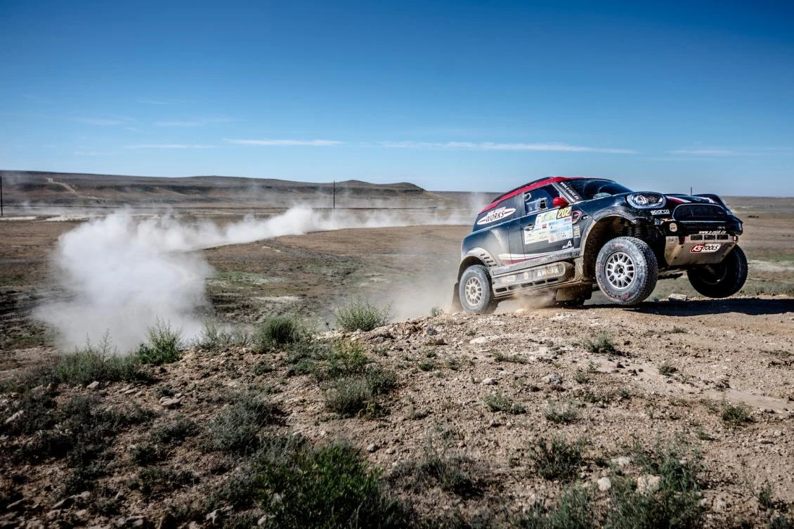 Yazeed Al-Rajhi on his way to a third stage win in Rally Kazakhstan on Thursday. (AN photo)