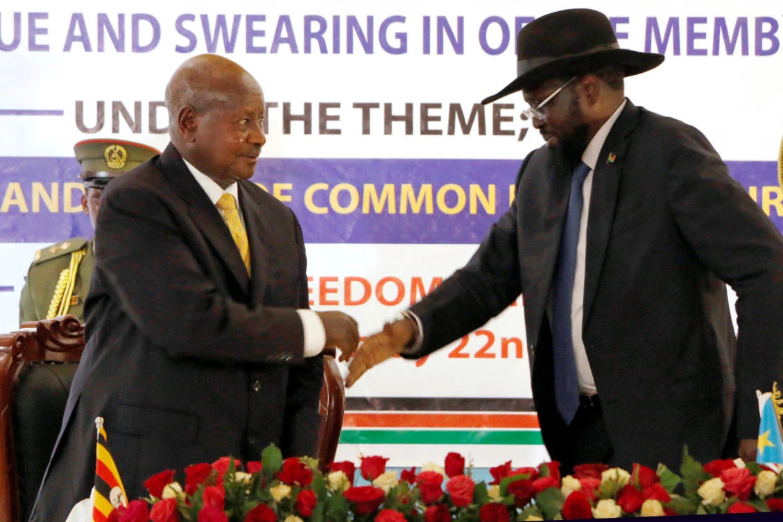 South Sudan’s President Salva Kiir, right, and Ugandan President Yoweri Kaguta Museveni at the opening of the National Dialogue committee in Juba on Monday. (Reuters)
