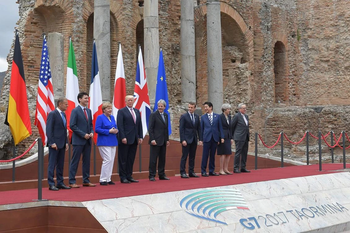 Leaders pose for a family photo at the ancient Greek Theatre of Taormina during the Heads of State and of Government G7 summit, on Friday in Sicily. (AFP)