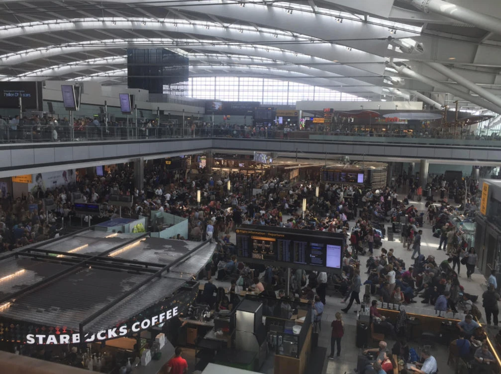 British Airways canceled all flights from London’s Heathrow and Gatwick airports on Saturday as a global IT failure upended the travel plans of tens of thousands of people on a busy UK holiday weekend. (Emily Puddifer via AP)