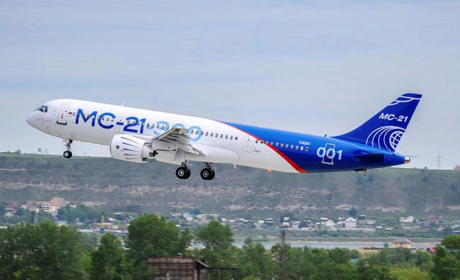 An MS-21 medium-range passenger plane, produced by Irkut Corporation, takes off in Irkutsk, Russia, on Sunday. (Courtesy of PR Department of Irkut Corporation/Handout via REUTERS)