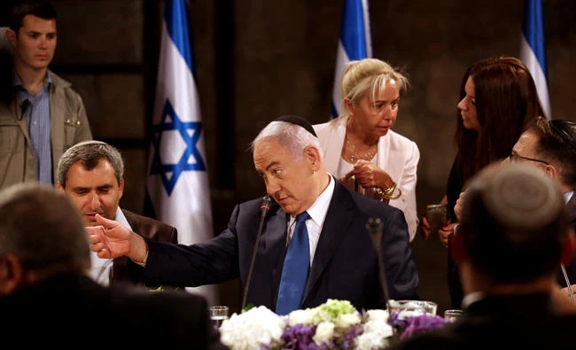 Israeli Prime Minister Benjamin Netanyahu gestures during a special cabinet meeting for Jerusalem Day, held in the Western Wall tunnels in Jerusalem's Old City on Sunday. (REUTERS/Gali Tibbon/Pool)