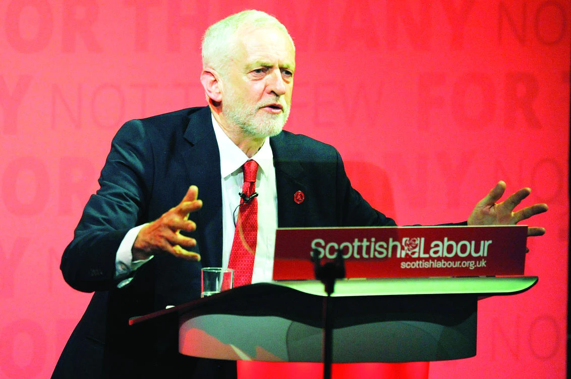 Jeremy Corbyn, Britain's Labour party leader, addresses a party rally in Glasgow, Scotland. (AFP)