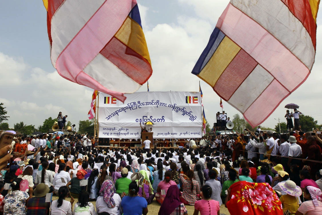 A member of a Myanmar's ultra-nationalist Buddhist group speaks during a protest rally in Nayptitaw, Myanmar. (AP)
