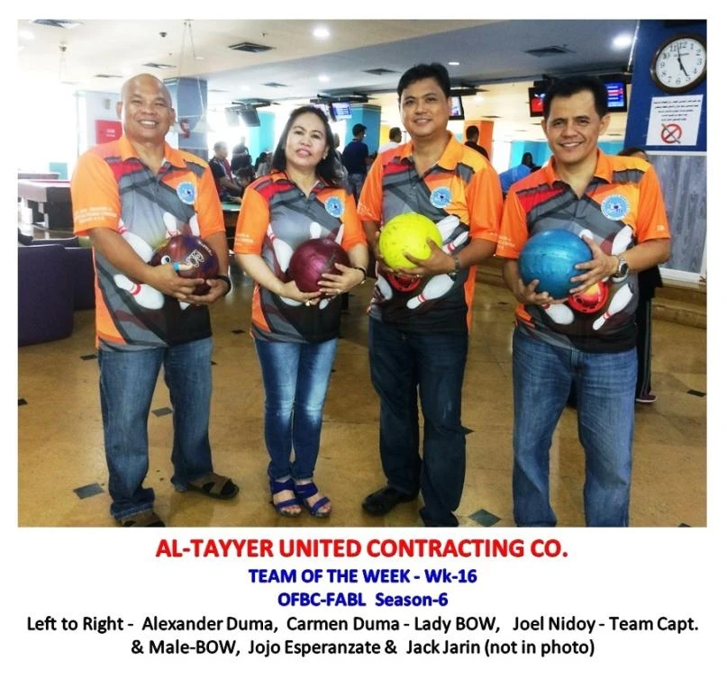 Al-Tayyer United Contracting Co. after its perfect grand slam. From left, Alexander Duma, ladies' Bowler of the Week Carmen Duma, men's Bowler of the Week Joel Nidoy and Jojo Esperanzate. (AN photo)
