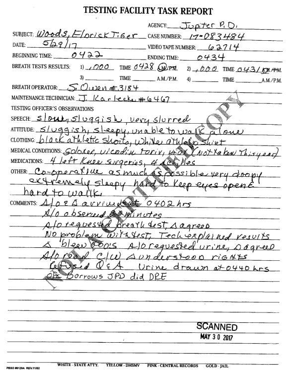 This document produced by the Jupiter Police Department on Monday and published online by the Palm Beach County Court Clerk shows a Testing Facility Task Report on Tiger Woods following his arrest in Florida on suspicion of driving under the influence. The report lists four medications, including Vicodin, that Woods said he was taking when he was stopped for DUI. (AP)