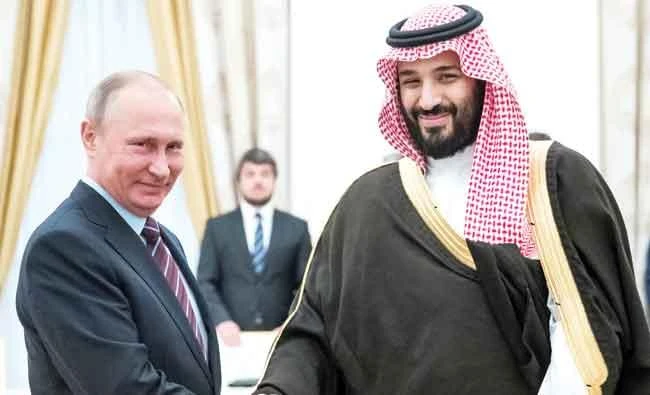 Saudi Deputy Crown Prince Mohammed bin Salman with Russian President Vladimir Putin at the Kremlin in Moscow Tuesday. (Reuters)