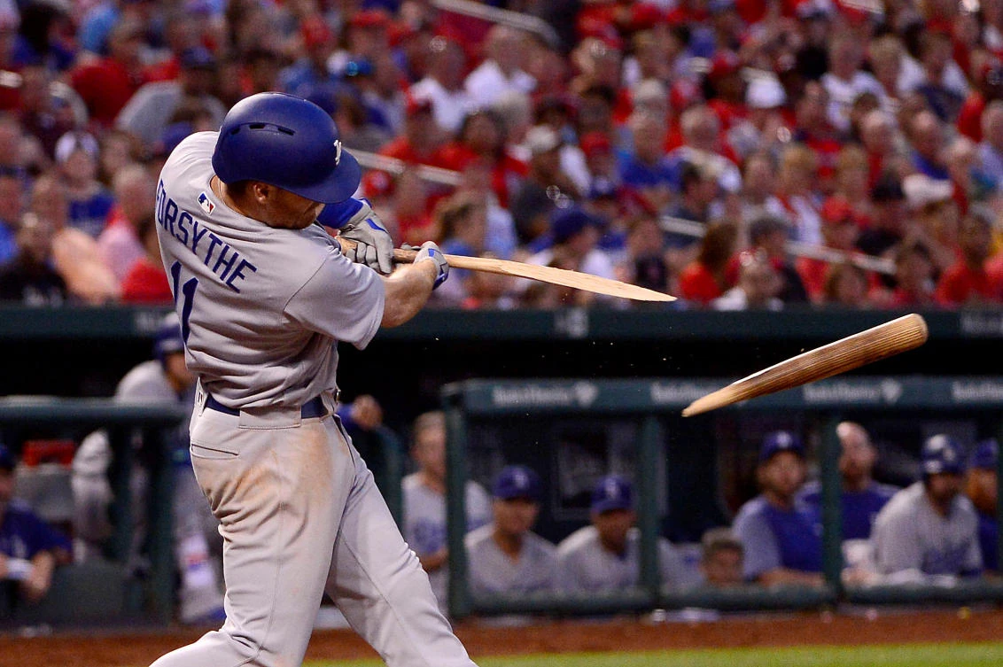 Los Angeles Dodgers third baseman Logan Forsythe breaks his bat as he hits a force out during the fifth inning against the St. Louis Cardinals at Busch Stadium on Tuesday. (USA TODAY Sports)