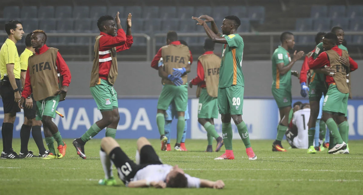 Zambia players celebrate their team's victory against Germany during the round of 16 soccer match in the FIFA U-20 World Cup Korea 2017 at Jeju World Cup Stadium in Jeju, South Korea, Wednesday. (AP)