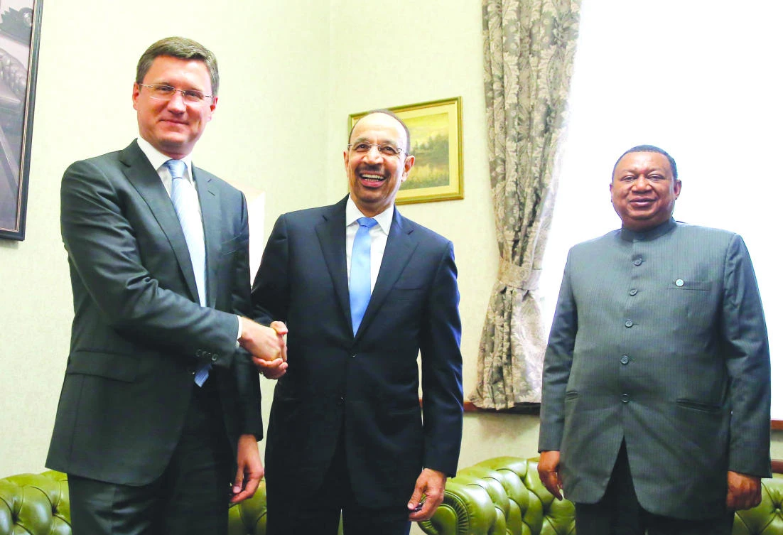 (From left) Russian Energy Minister Alexander Novak, Saudi Arabia’s Energy Minister Khalid Al-Falih and OPEC Secretary-General Mohammad Barkindo ahead of a meeting in Moscow on Wednesday. (Reuters)