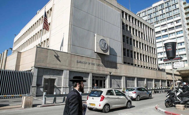 This file photo taken on January 20, 2017, shows the exterior of the US Embassy in the Israeli coastal city of Tel Aviv. (AFP / JACK GUEZ)