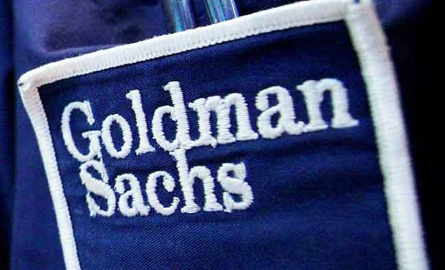 The logo of Dow Jones Industrial Average stock market index listed company Goldman Sachs (GS) is seen on the clothing of a trader working at the Goldman Sachs stall on the floor of the New York Stock Exchange, United States, in this April 16, 2012 file photo. (REUTERS)
