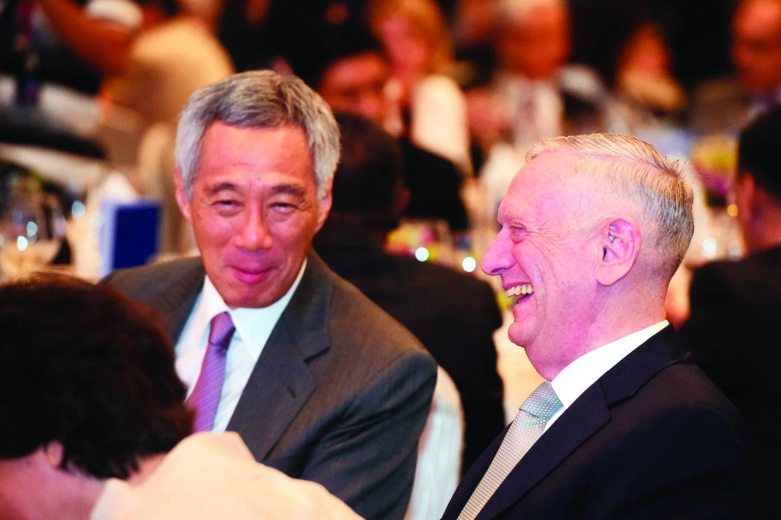 US Defense Secretary Jim Mattis with Singapore’s Prime Minister Lee Hsien Loong. (AP)
