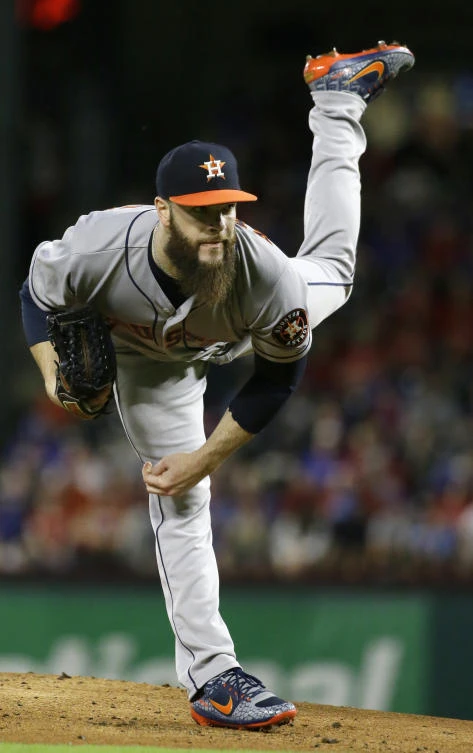 Houston Astros starting pitcher Dallas Keuchel kicks while throwing during the first inning of a baseball game against the Texas Rangers in Arlington, Texas, on Friday. (AP)