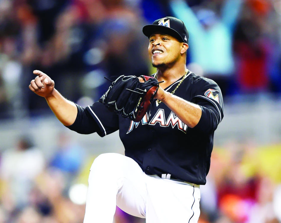 Miami Marlins starting pitcher Edinson Volquez celebrates after throwing a no-hitter against the Arizona Diamondbacks at Marlins Park on Saturday. (USA TODAY Sports)