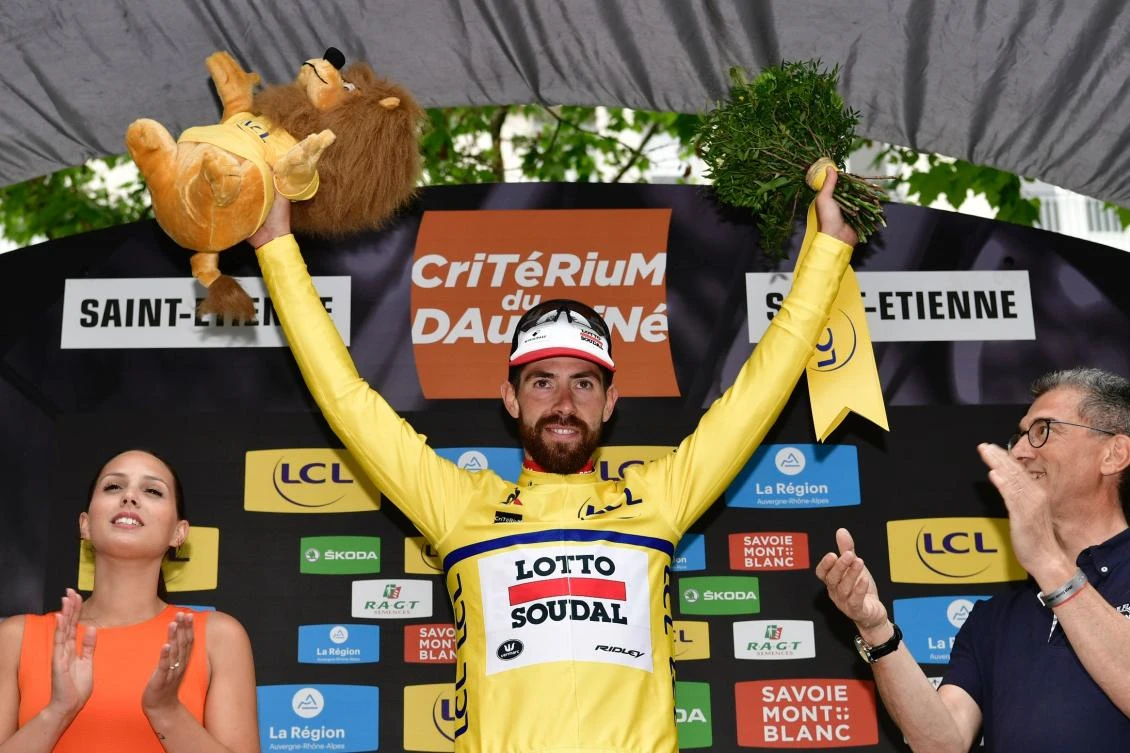 Belgium’s Thomas De Gendt celebrates his overall leader yellow jersey on the podium at the end of the 170,5 km first stage of the 69th edition of the Criterium du Dauphine cycling race on Sunday in and around Saint-Etienne. (AFP)