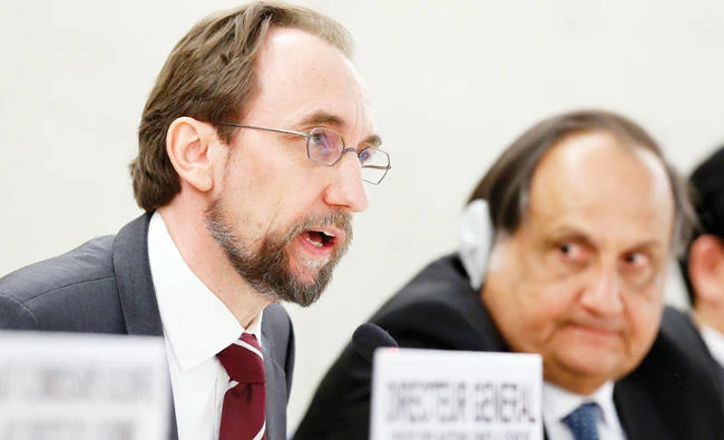 Zeid Ra’ad Al-Hussein, UN High Commissioner for Human Rights, speaks about the current humanitarian situation in the world, during the opening of the 35th session of the Human Rights Council, at the European headquarters of the UN in Geneva, Switzerland, on Tuesday. (AP)