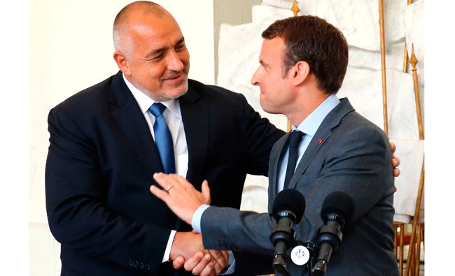 France's President Emmanuel Macron with Bulgaria's Prime Minister Boiko Borisov at the Elysee Palace in Paris on Tuesday. (AFP)