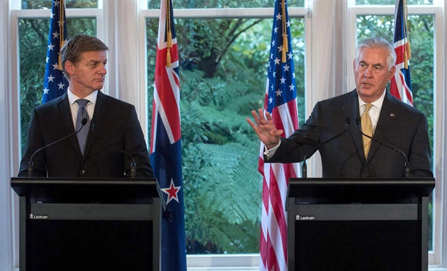 US Secretary of State Rex Tillerson and New Zealand’s Prime Minister Bill English address a joint press conference in Wellington on Tuesday. (AFP)