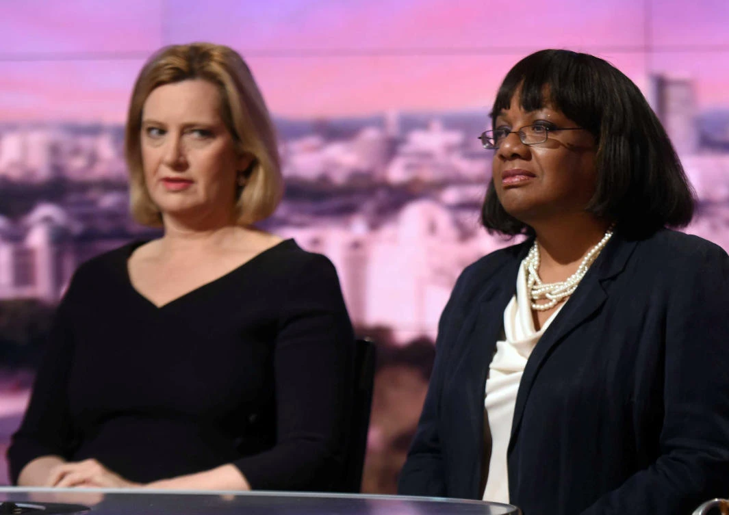 Britain’s Home Secretary Amber Rudd (L) and shadow Home Secretary Diane Abbott (R) speak on the BBC’s Marr Show in London. (REUTERS)