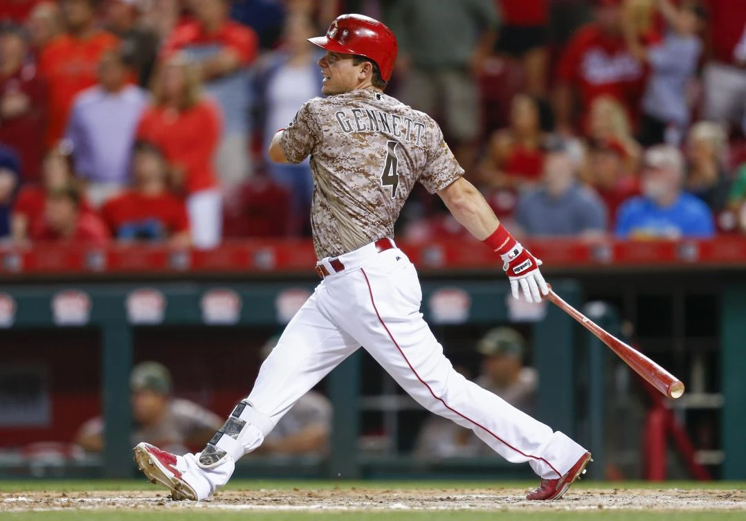 Scooter Gennett of the Cincinnati Reds watches his fourth home run against the St. Louis Cardinals at Great American Ball Park in Cincinnati, Ohio, on Tuesday. (AFP)