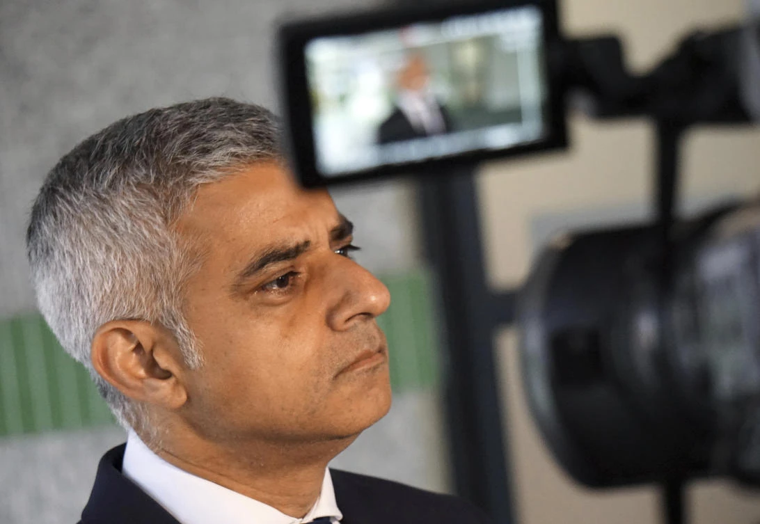 Mayor of London Sadiq Khan pauses as he speaks to reporters at the London Ambulance Service headquarters at Waterloo, central Londo. (AP)