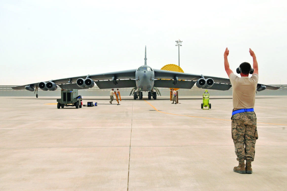 A US Air Force B-52 bomber arrives at Al-Udeid Air Base, Qatar. (Reuters)