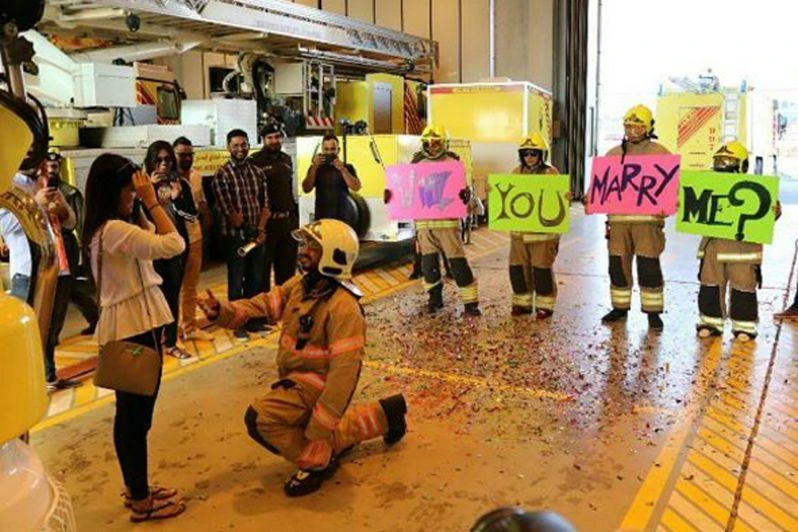 Dubai Civil Defense to the rescue! Firemen help man with adorable proposal