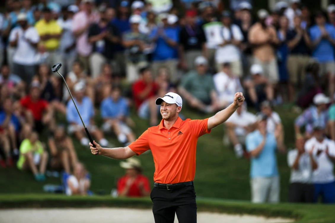 Daniel Berger celebrates after winning the FedEx St. Jude Classic golf tournament, in Memphis, Tenn. in this June 12, 2016 file photo, Berger is back looking to defend his first and only PGA Tour title at the St. Jude Classic. (AP)