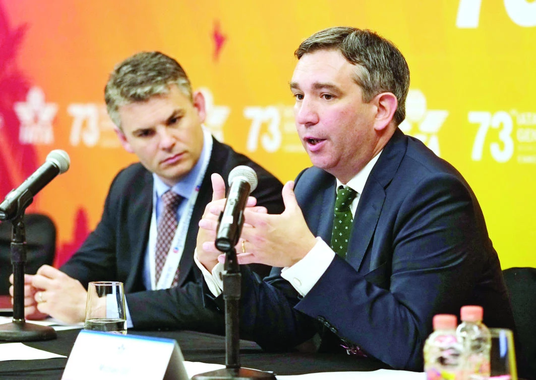 Michael Gill, executive director of the Air Transport Action Group, addresses a meeting of the International Air Transport Association (IATA) in Cancun, Mexico . (Reuters)