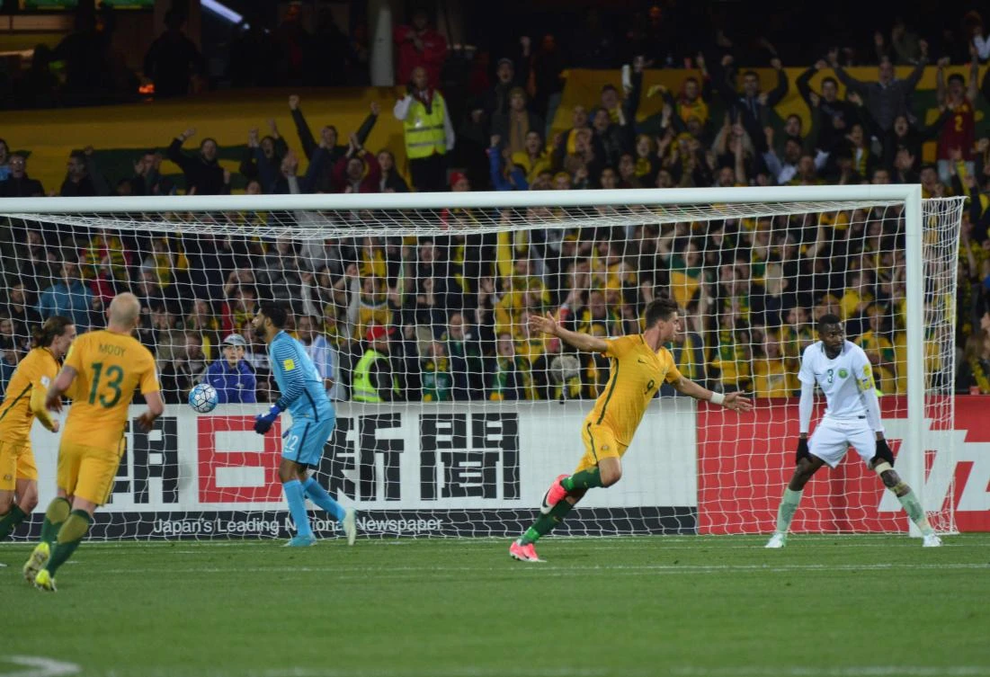 Tomi Juric of Australia celebrates after scoring a goal during the World Cup football Asian qualifying match between Australia and Saudi Arabia at the Adelaide Oval in Adelaide on Thursday. (AFP)