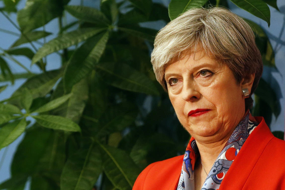 Britain’s Prime Minister Theresa May listens as the declaration at her constituency is made for in the general election in Maidenhead, England. (AP)