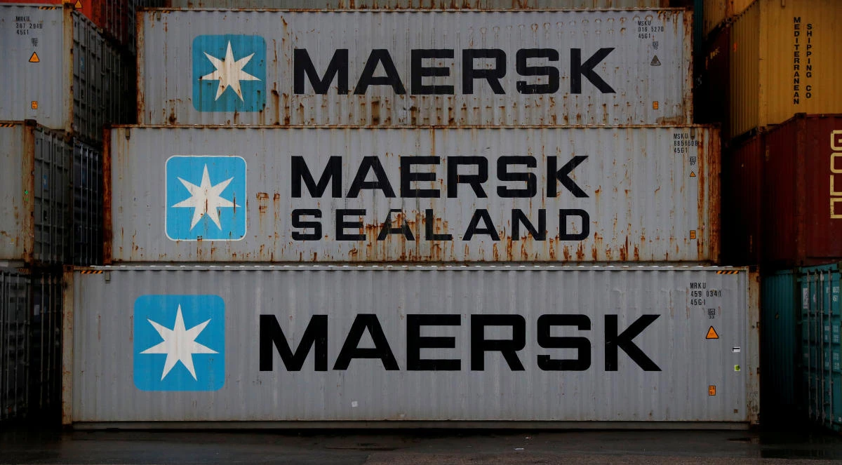 Empty Maersk shipping containers are seen stacked at Peel Ports container terminal in Liverpool, Britain. (REUTERS)